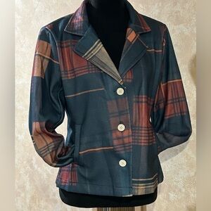 Vintage Plaid Print Blazer Jacket - Single-Button Front, Structured Collar